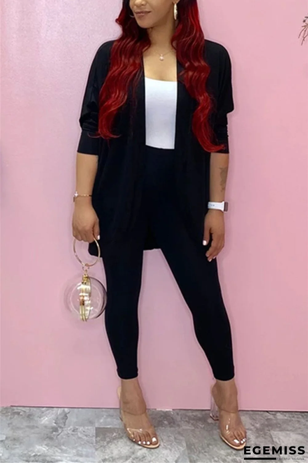 Black Fashion Casual Adult Solid Cardigan Conventional Collar Long Sleeve Regular Sleeve Regular Two Pieces | EGEMISS