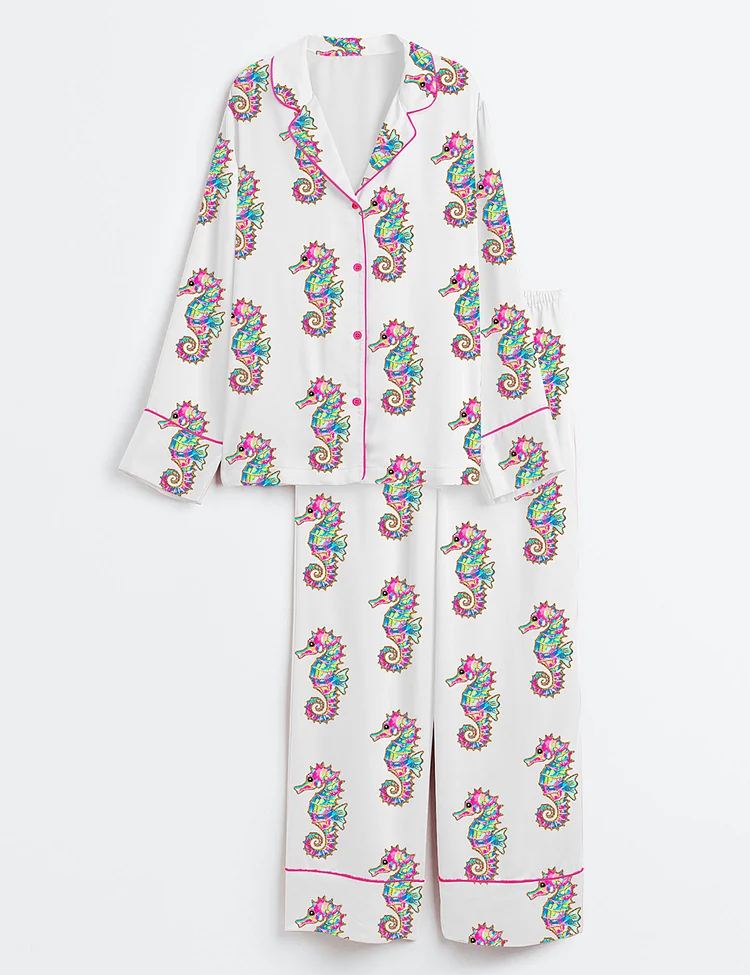 Women&rsquo;s Summer Seahorse Preppy Summer Vibes Neon Beach Coastal Print Long Sleeve Satin Pajama Set