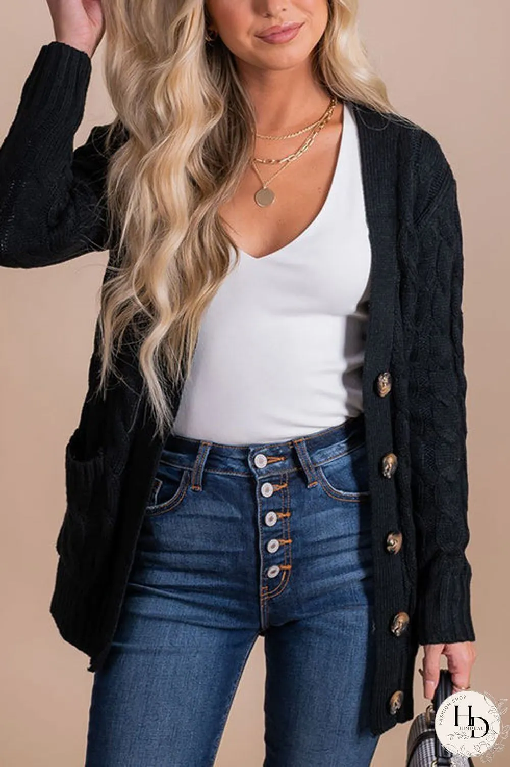 Button Cable Knit Cardigan