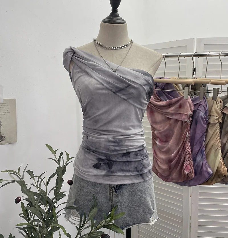 Churchf Net Yarn Printed Slanted Shoulder Sling Vest Retro Design Folding Temperament Short Blouse 8009