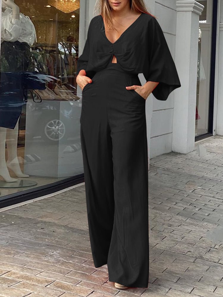 V-neck, long sleeves, type A, pockets, women's jumpsuit SKUH90174 QueenFunky