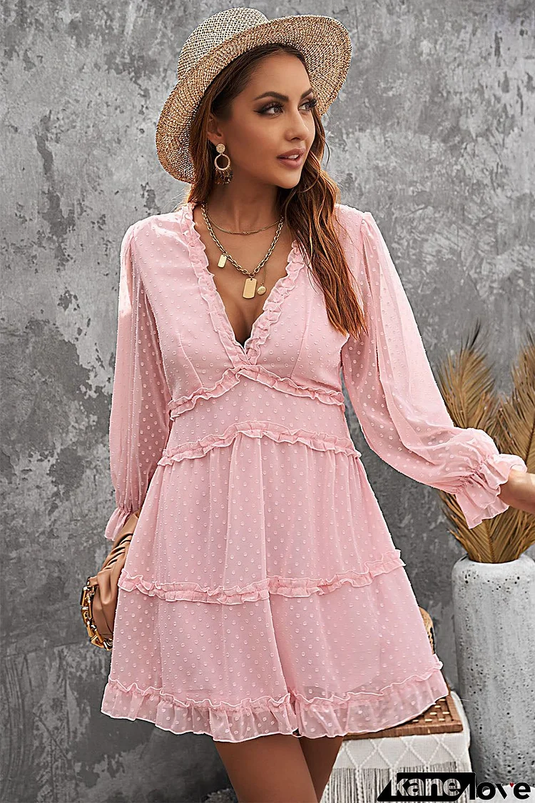 Pink Layered Ruffled Open Back V Neck Puff Sleeve Swiss Dot Mini Dress