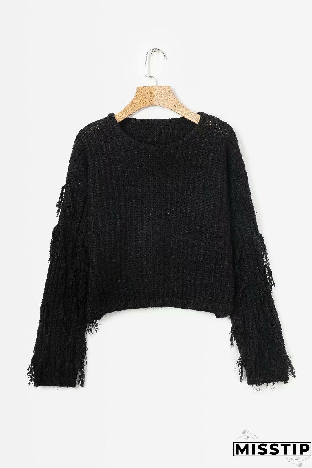 Solid Color Round Neck Long Sleeve Tassel Sweater