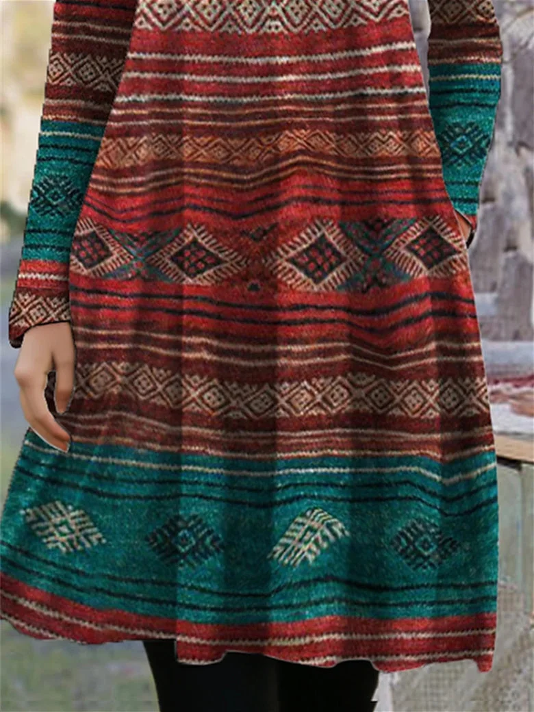 Women's Long Sleeve Scoop Neck Graphic Midi Dress