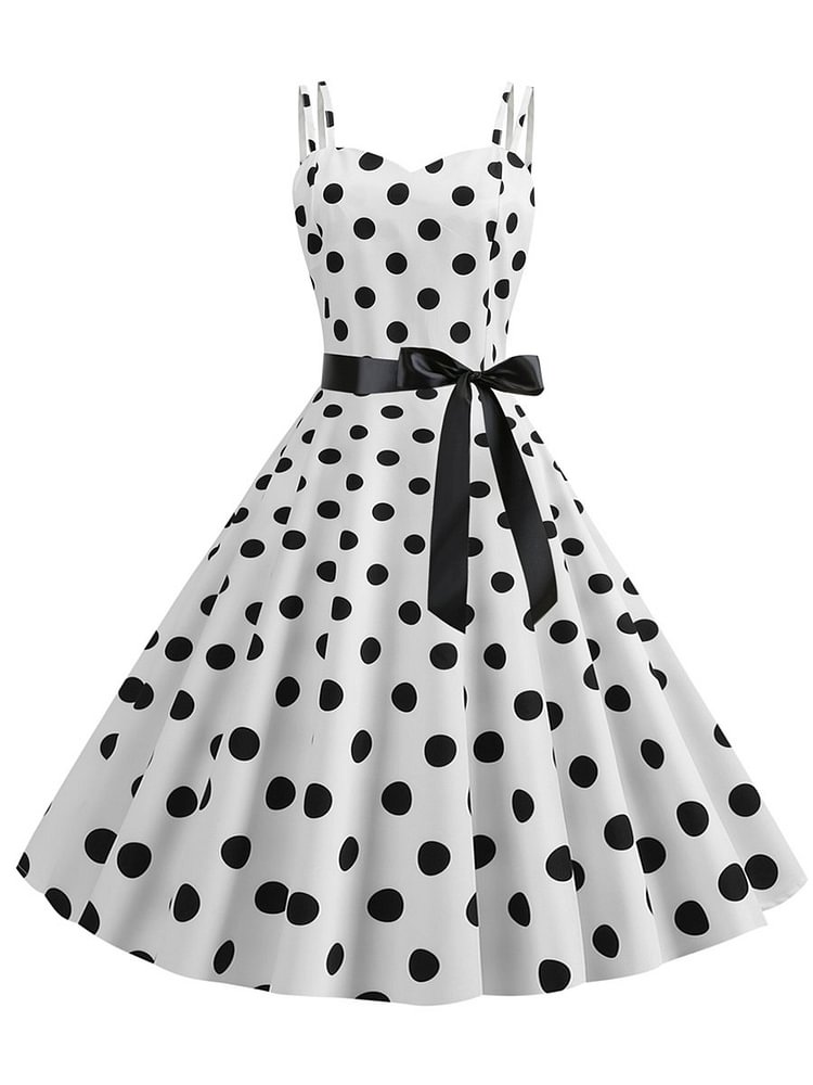 Mayoulove 1950s Dress Sexy Strap Polka Dot Print A-line Dress-Mayoulove
