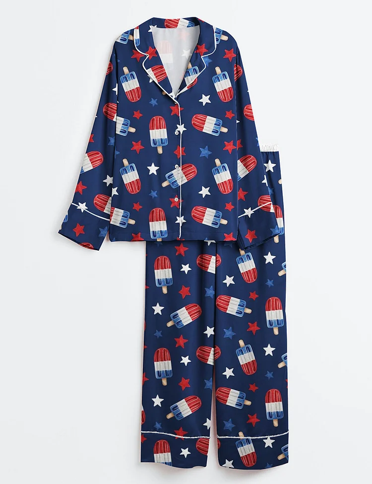 Women&rsquo;s Fourth Of July Red White Blue USA Flag America Stars And Flags Patriotic 4th Of July Popsicles Long Sleeve Satin Pajama Set