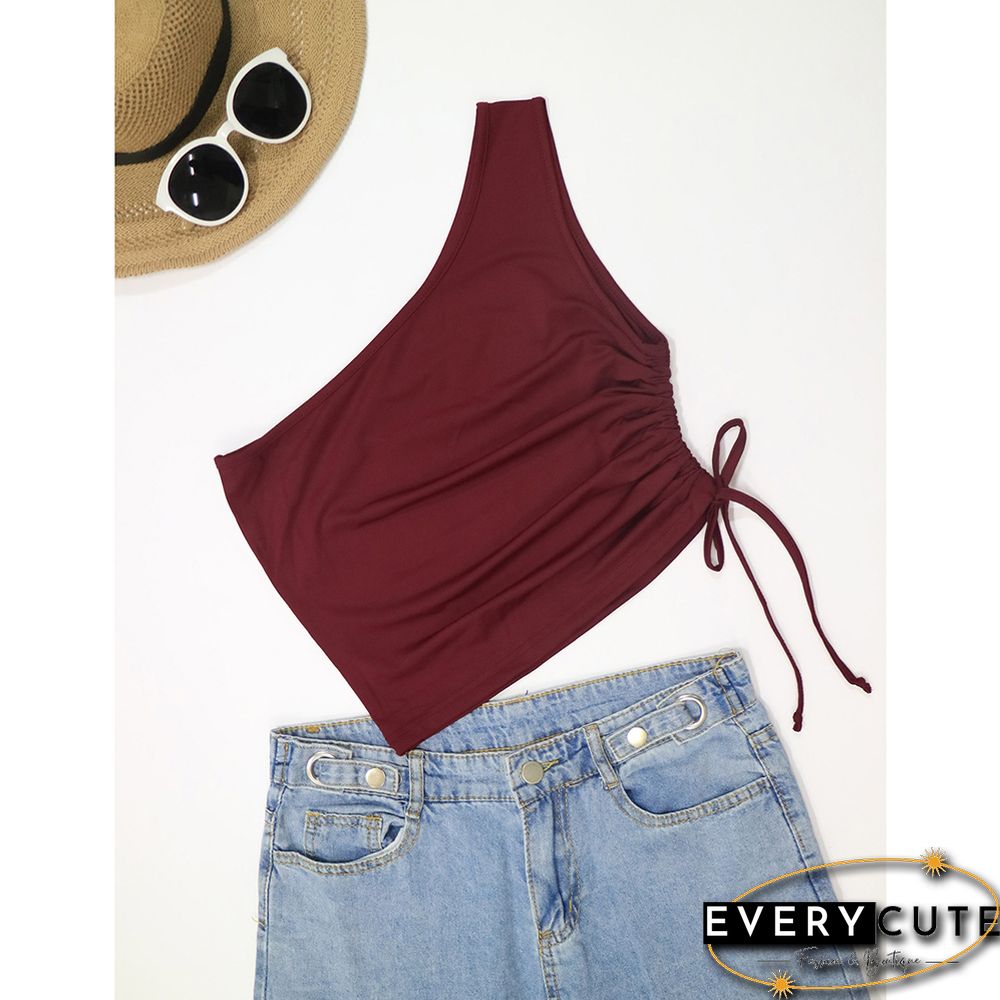 Wine Red Side Drawstring One Shoulder Crop Vest