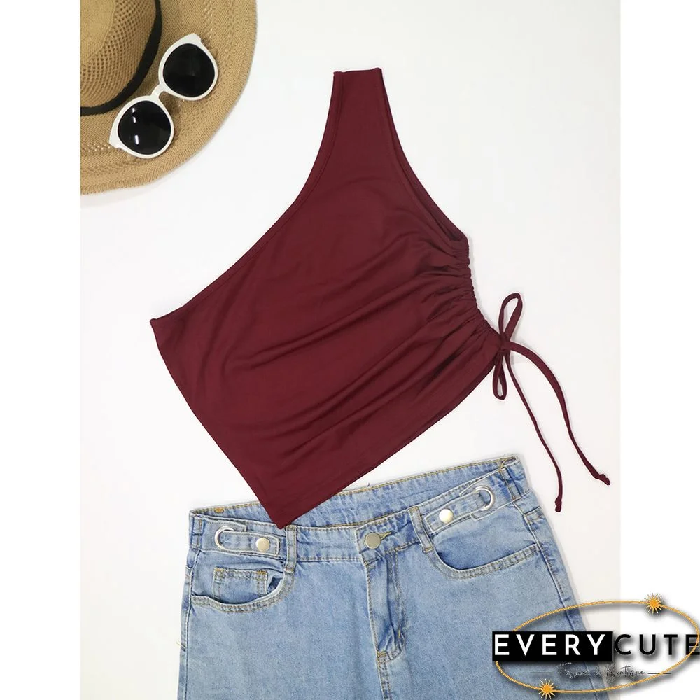 Wine Red Side Drawstring One Shoulder Crop Vest