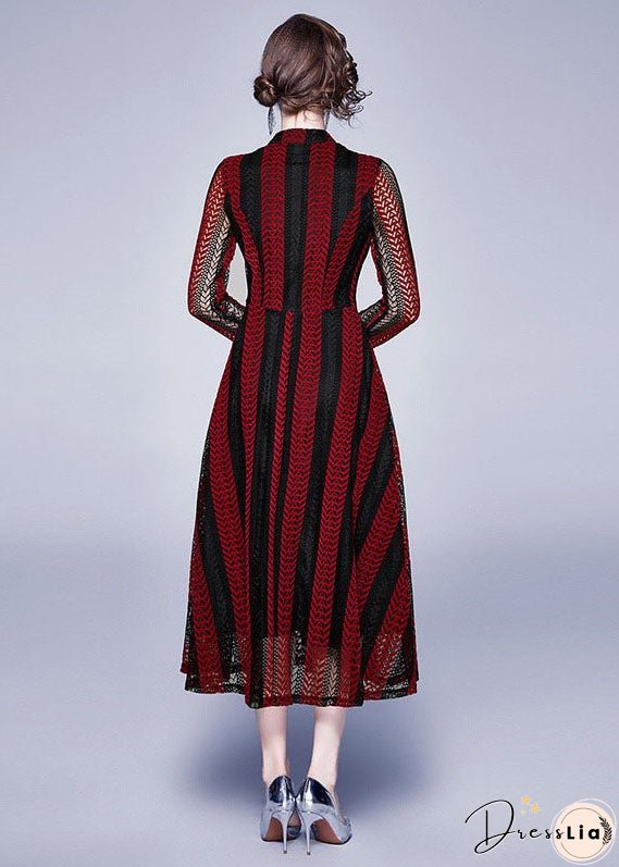 Modern Red Stand Collar Hollow Out Button Patchwork Lace Dress Summer