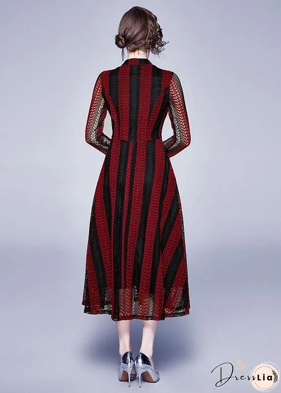 Modern Red Stand Collar Hollow Out Button Patchwork Lace Dress Summer