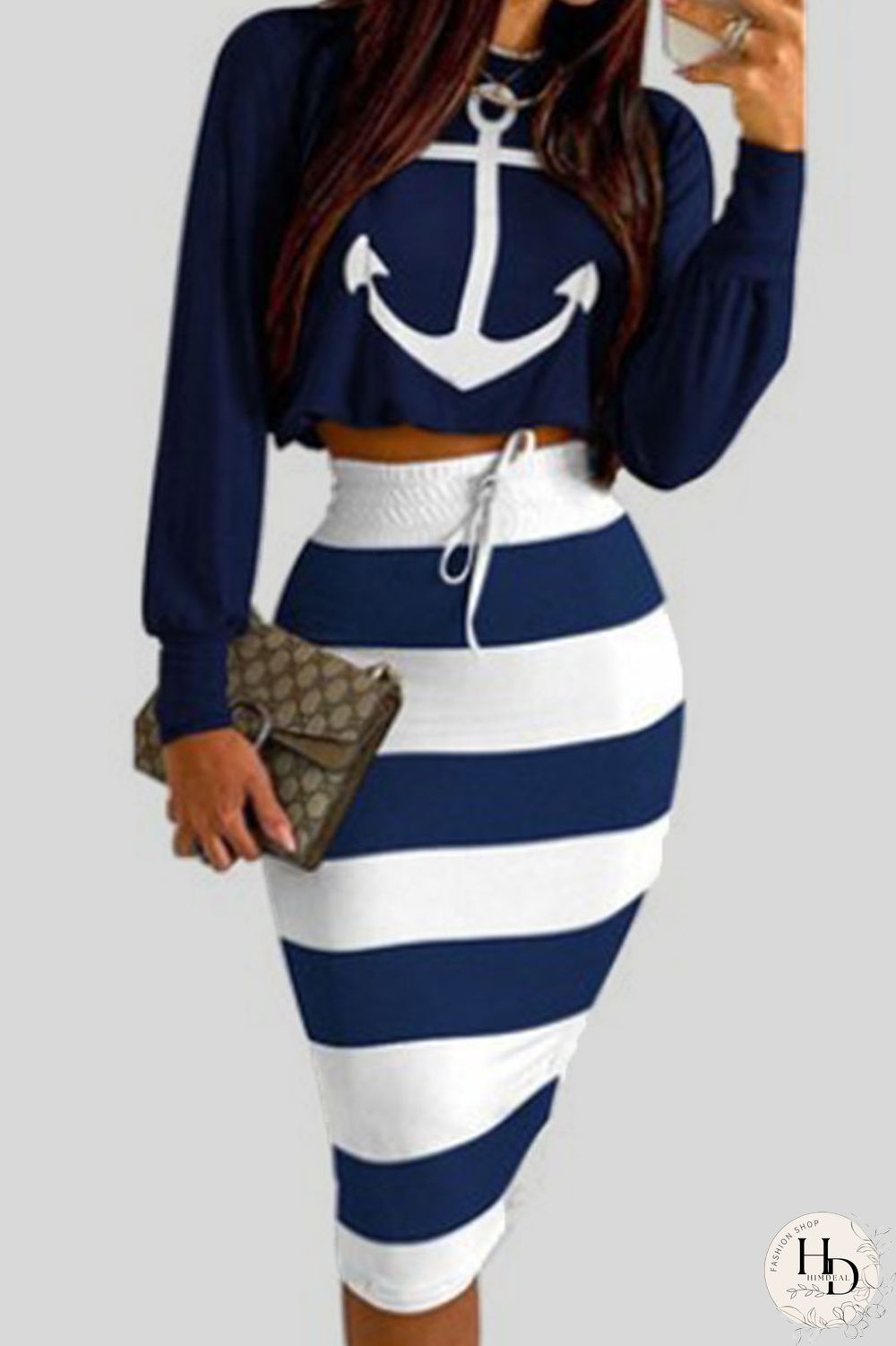 Black Casual Print Patchwork O Neck Long Sleeve Two Pieces