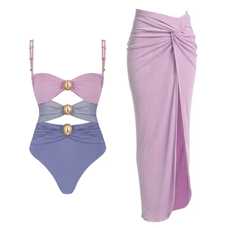 Color Block One Piece Swimsuit And Sarong (Shipped on Dec 25th)