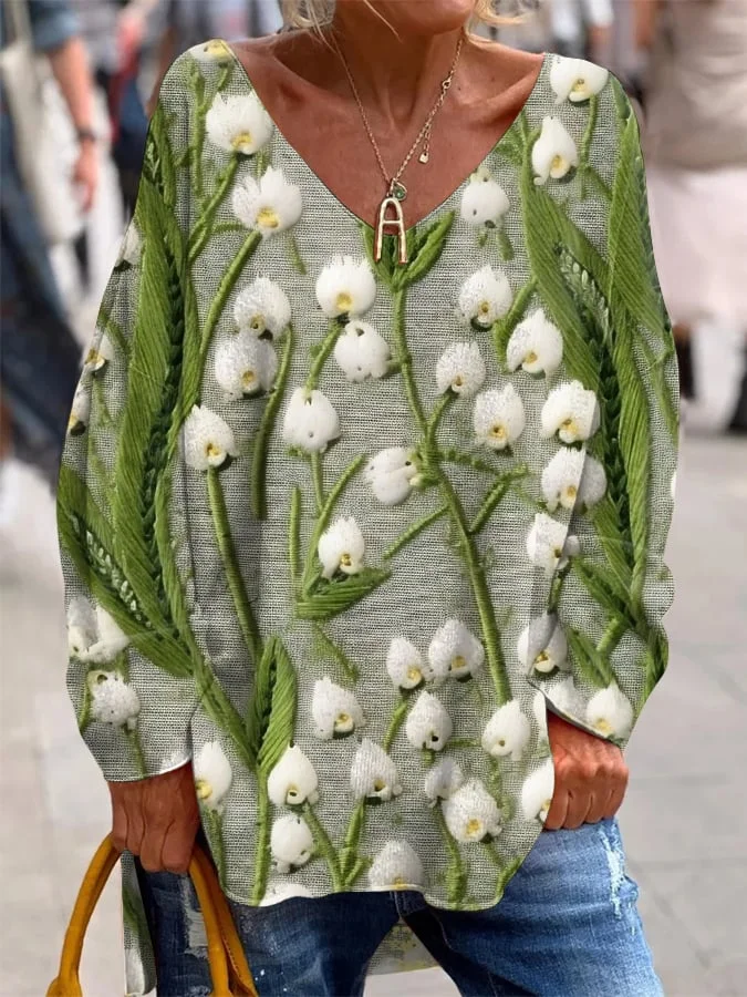 Women's Lily Of The Valley Print V-Neck Long Sleeve Top