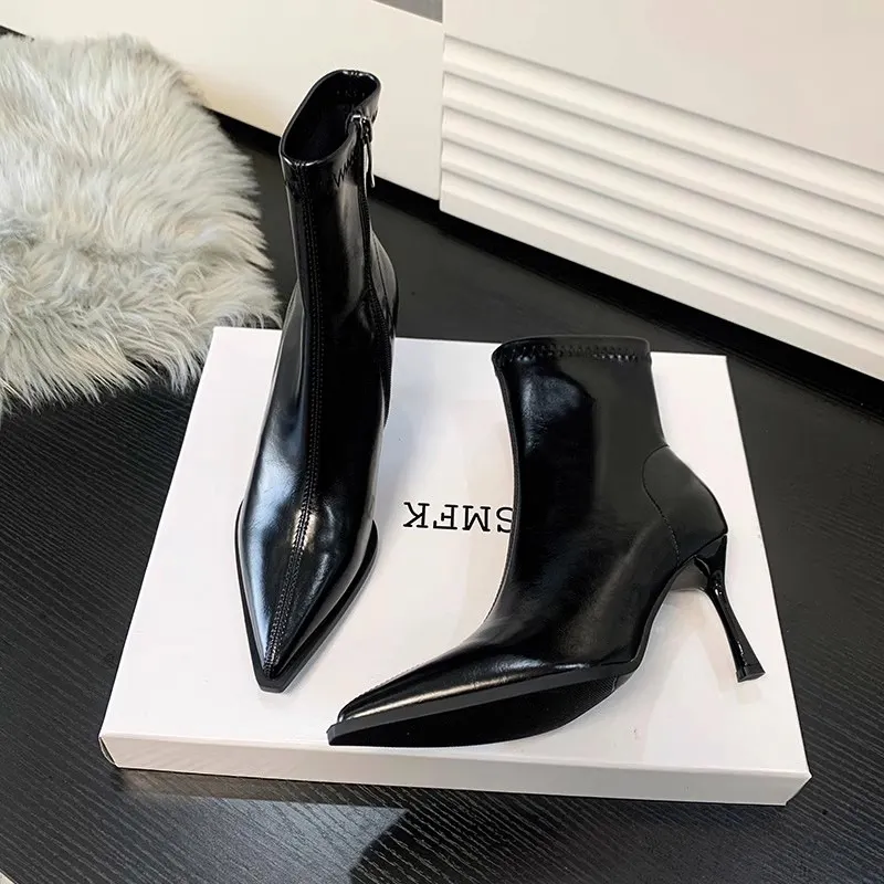 Breakj Breakj Autumn Sharp Leather Fashion Thin Short Boots Women's Side Zipper Fine And High And Thin Boots Naked Boots