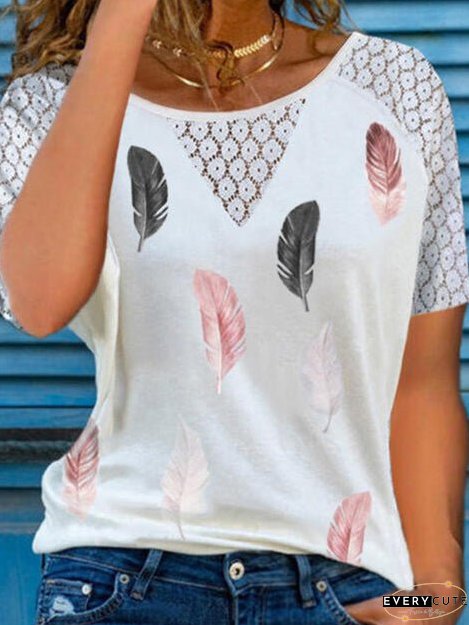 Chic Lace Hollow Feather Print Short Sleeve T-shirt for Women