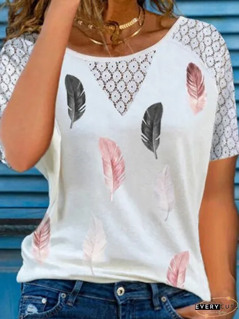 Chic Lace Hollow Feather Print Short Sleeve T-shirt for Women