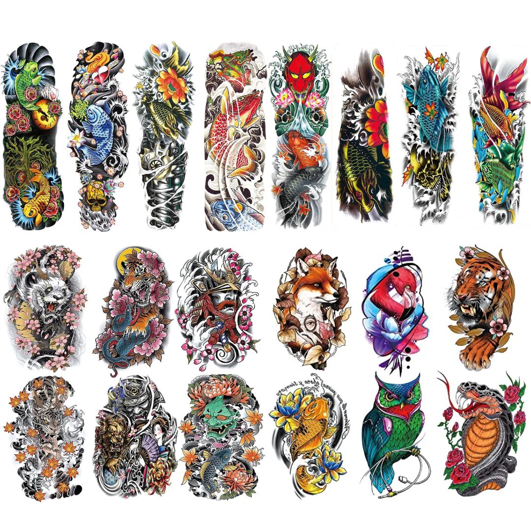 20 Sheets Colorful Fish Panda Fox Animal Full Arm & Half Arm Temporary Tattoo Combo