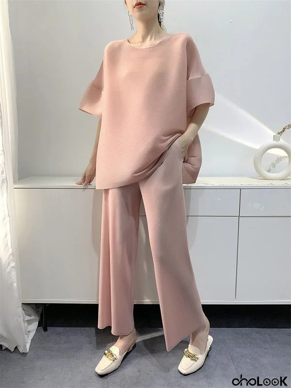 Elastics Pleated Solid Color Round-Neck T-Shirt + Wide Leg Pants Two Pieces Set