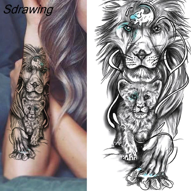 Sdrawing Tiger Temporary Tattoos For Men Women Kids Lion Skull Cross Tattoo Sticker Black Compass Skeleton Tatoos Leg Thigh 328-1