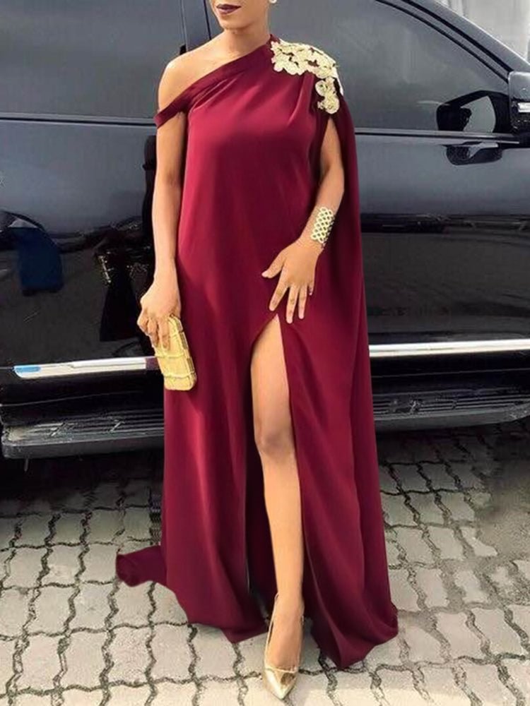 Solid color oblique shoulder A-line women's dress  SKUH97868 QueenFunky