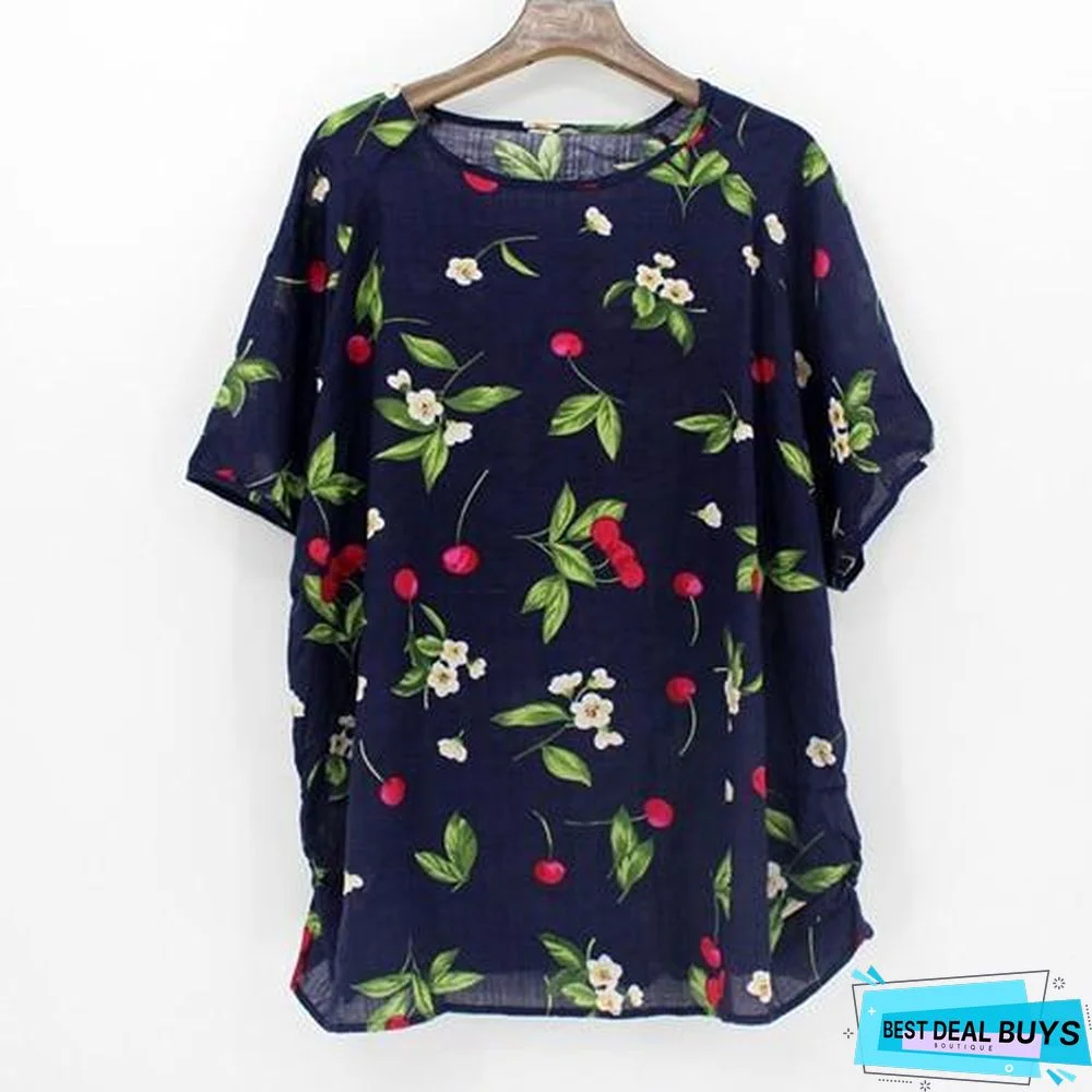 Plus Size Women Batwing Casual Tops Tees Floral Print Cotton Linen Blouses