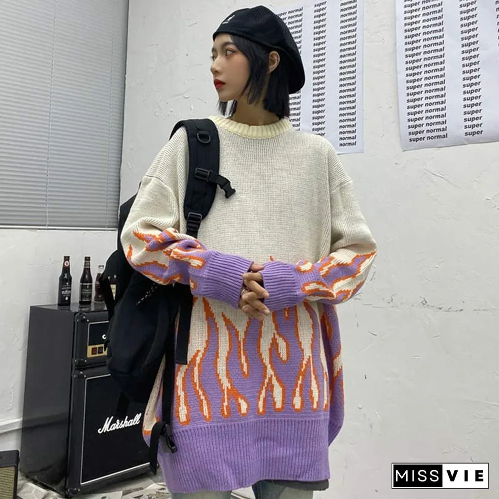 Chic Colorblock Knit Flame Print Sweater