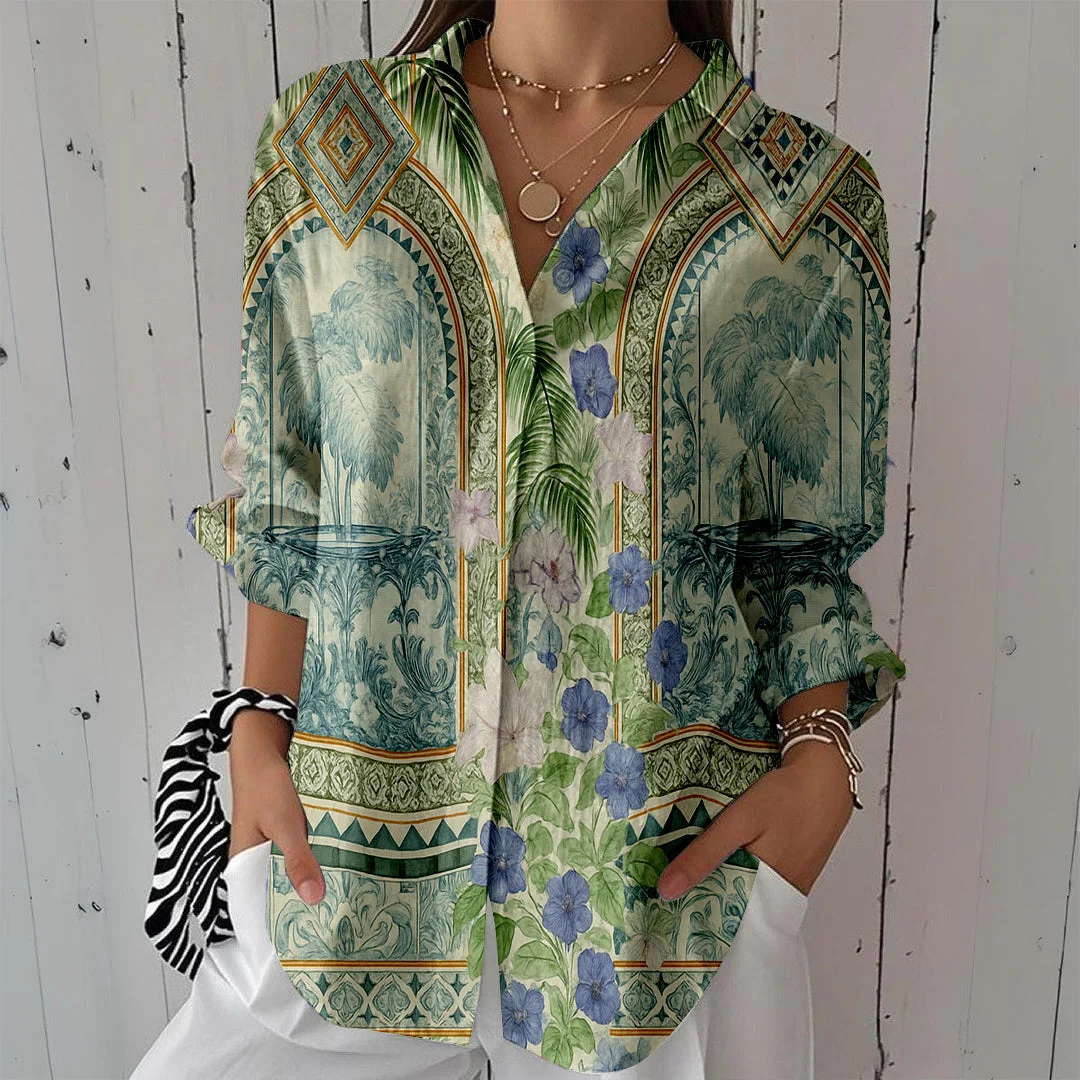 Style & Comfort for Mature Women Women Bohemian,Green,Blue DZCL0256 3/4 Sleeve Shirt Collar Printed Button Tops