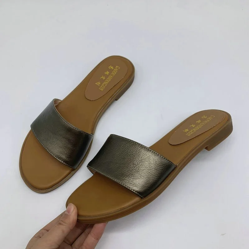 New women slippers 100% Genuine leather 1.5cm flat slipper open toe women sandals  black  yellow ladies casual shoes woman