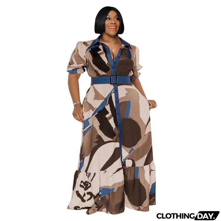 Summer Women Fashionable Plus Size Multicolor Print Loose Maxi Dress With Belt