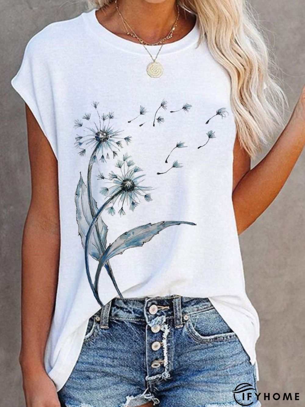 Casual Dandelion Short Sleeve Round Neck Printed Top Tunic T-Shirt | IFYHOME
