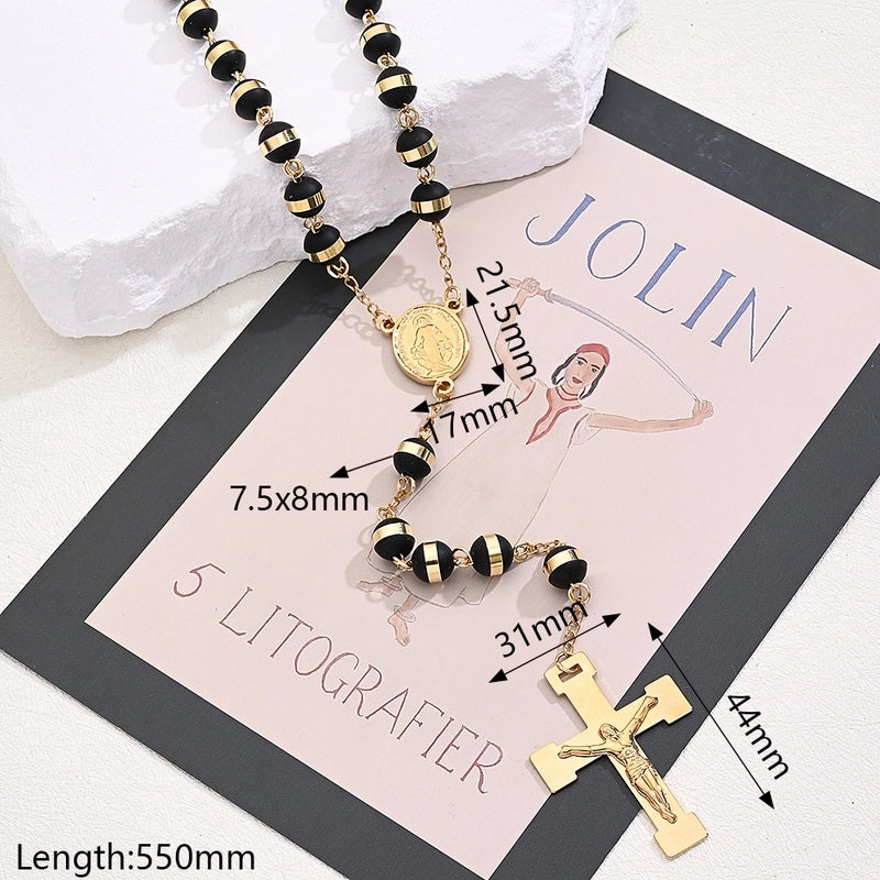 304 Stainless Steel Silica Gel 18K Gold Plated Beaded Polishing Plating Cross Virgin Mary Oval Sweater Chain Long Necklace Necklace