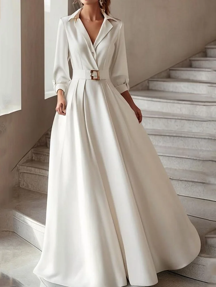 Elegant Lapel Collar Pleated Solid Maxi Dress
