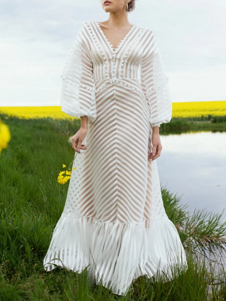 Elegant V-Neck Balloon Sleeve Striped Dress