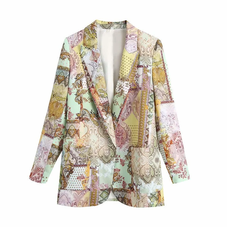 TRAF Women Fashion With Pockets Printed Blazer Coat Vintage Long Sleeve Female Outerwear Chic Veste Femme