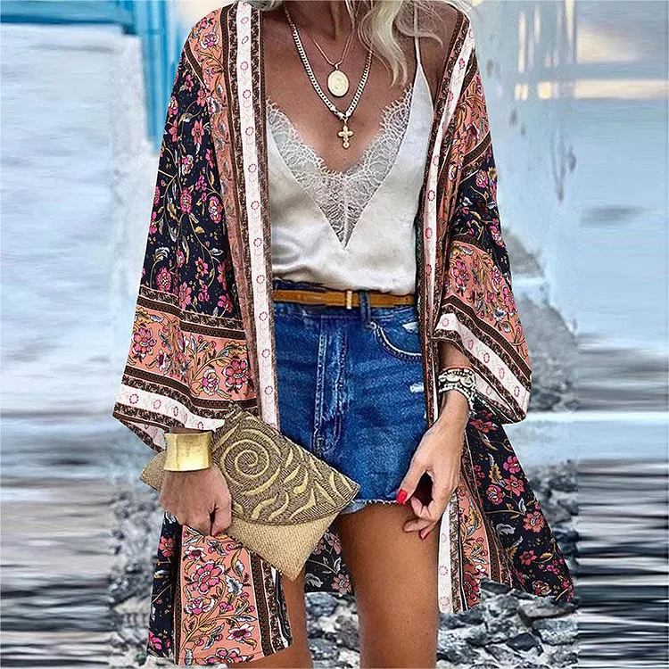 VChics Fashion Print Dolman Sleeve Kimono