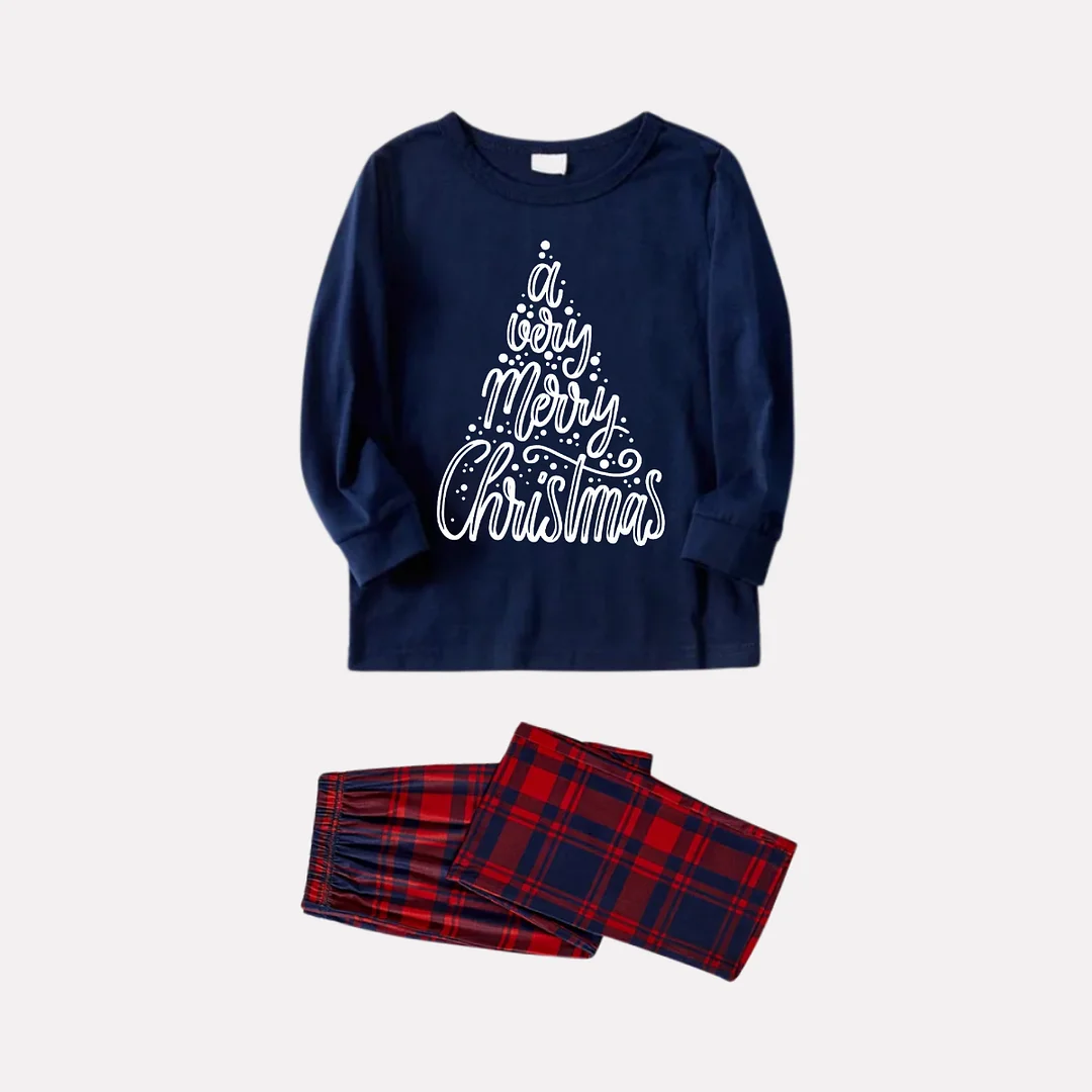 "A Very Merry Christmas" 2024 Blue Long Sleeve Top with Blue & Red Plaid Family Matching Pajamas