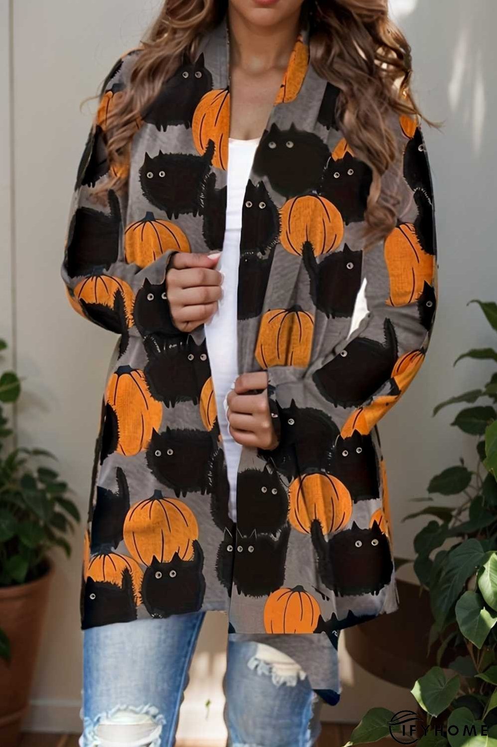plus size halloween coat women s pus allover cat pumpkin print long sleeve open front medium stretch cardigan overcoat | IFYHOME