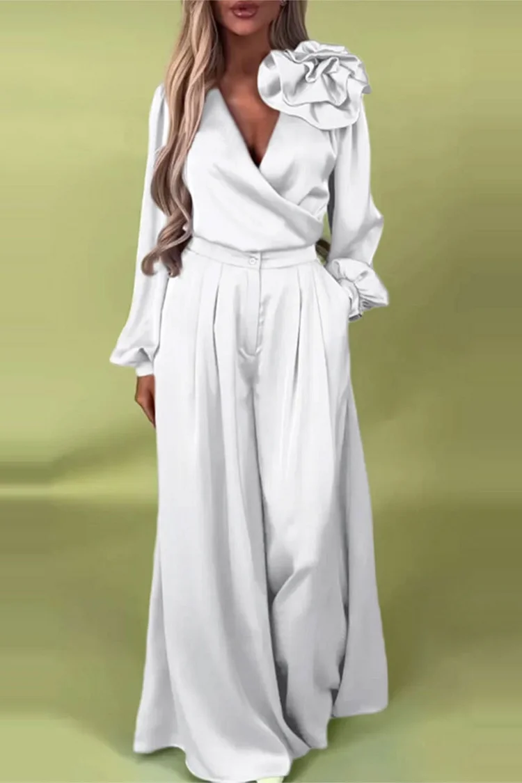 Plus Size Business Casual Blue Wrap Neck Lantern Sleeve Long Sleeve 3D Elegant Pocket Satin Two Piece Pant Sets