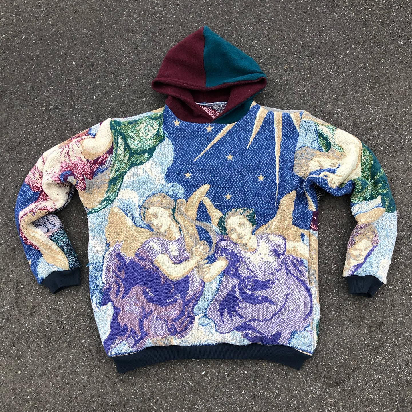 Trendy Retro Angel Color Block Print Tapestry Knit Hooded Sweater
