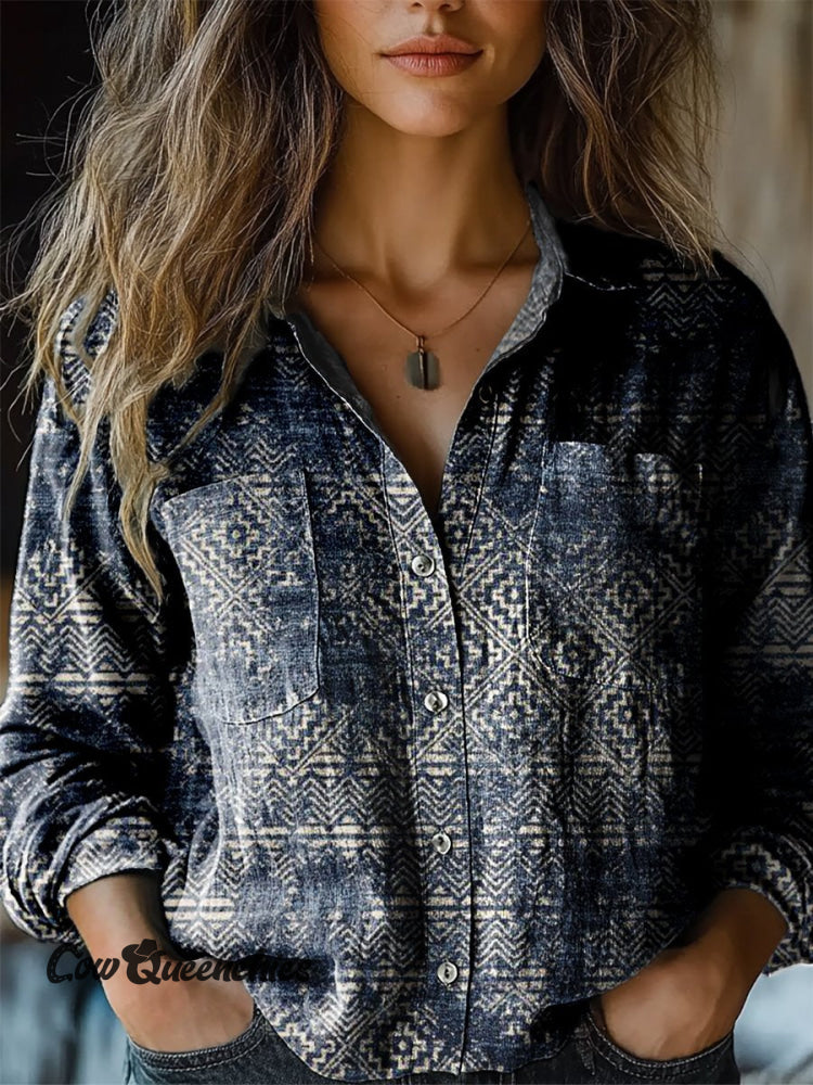 Women’s Navyblue Vintage Aztec Art Print Casual Long Sleeve Comfortable Cotton Shirt Multicolor / S