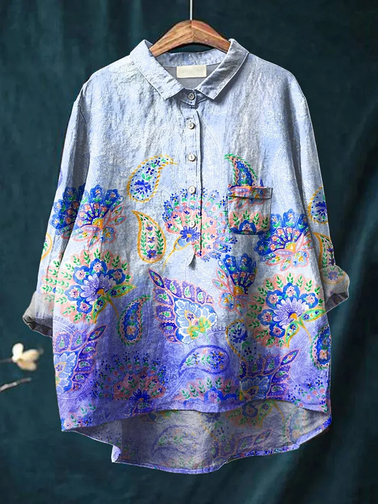Women's Retro Geometry  Art Print Casual Cotton And Linen Shirt