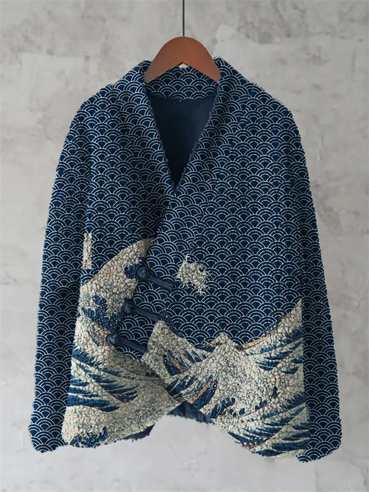 Great Wave Japanese Sea Waves Pattern Cozy Fleece Kimono Cardigan