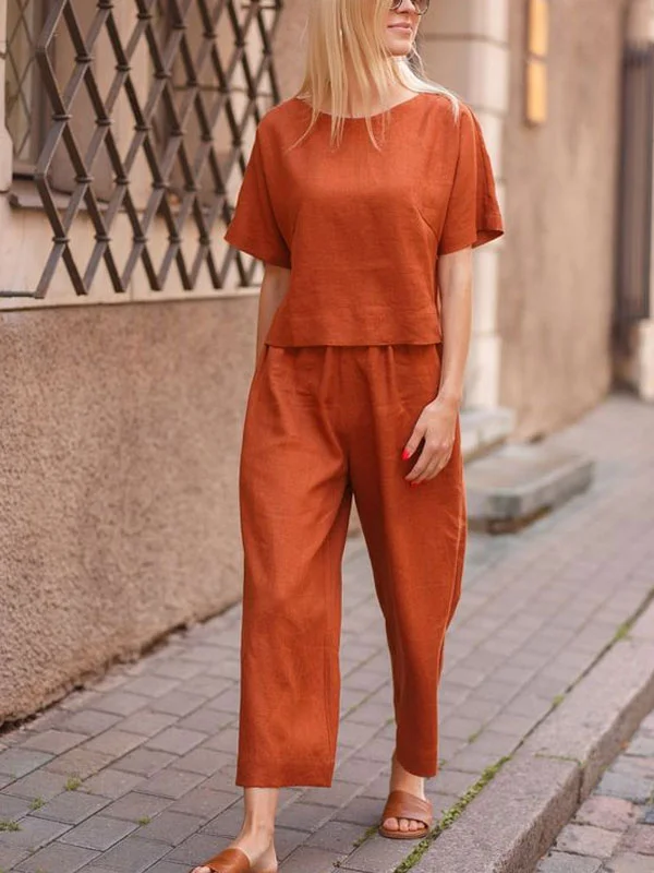 Solid Color Linen Temperament Round Neck Women's Sets