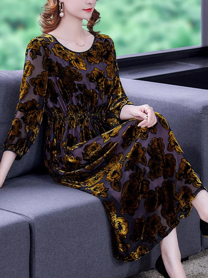 Elegant Retro Temperament Printed Mid-length Gold Velvet Dress