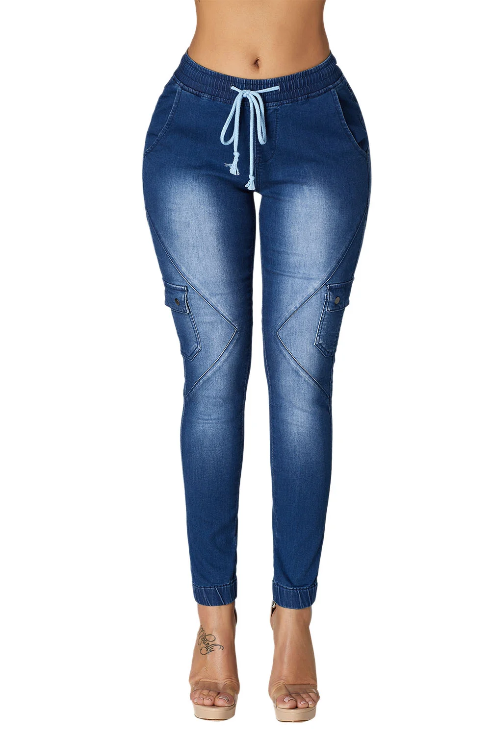 Medium Blue Drawstring Ankle Pocket Denim Jeans | IFYHOME