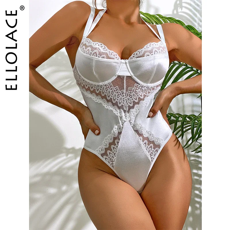 Billionm Lace Lingerie Bodysuit Women Patchwork One-Pieces Body Sissy See Through Open Crotch Erotic Fantasy Tights Halter Teddy