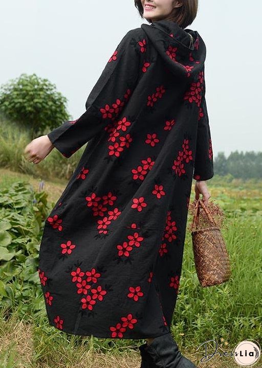 Women Black Embroidery Quilting Dresses Hooded Maxi Spring Dresses