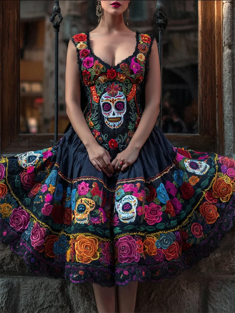 Day Of The Dead Sugar Skulls Roses Floral Linen Dress