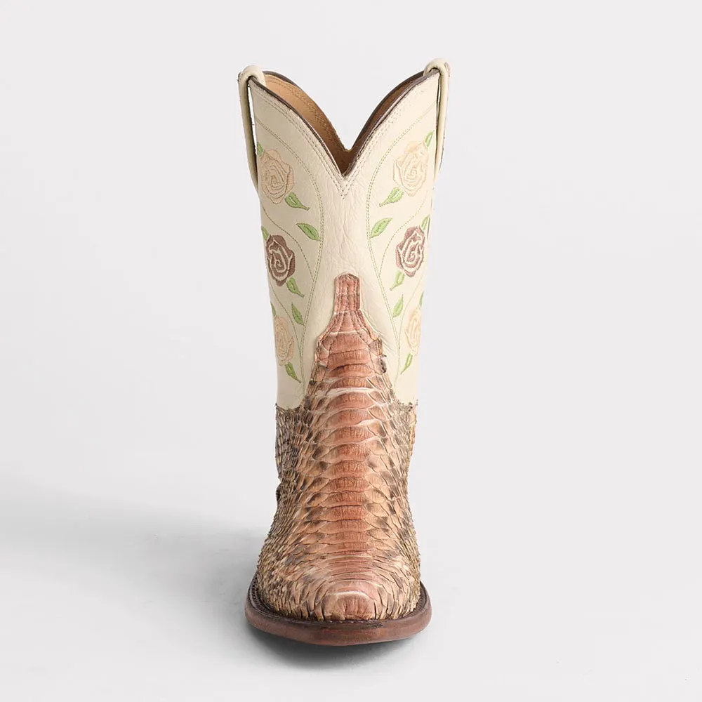 Ivory & Brown Snip Toe Embroidered Snake Embossed Cowgirl Boots