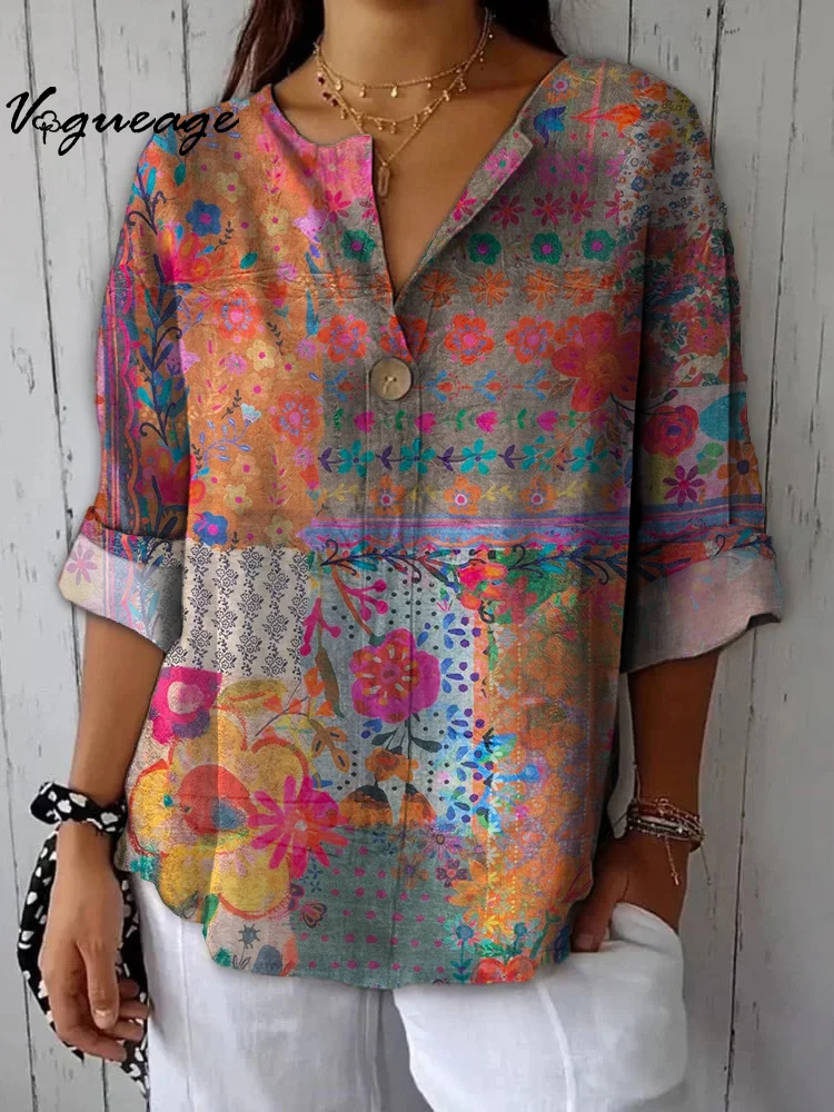 Retro Elegant Floral Plant Pattern Printed Cotton And Linen Women Shirt